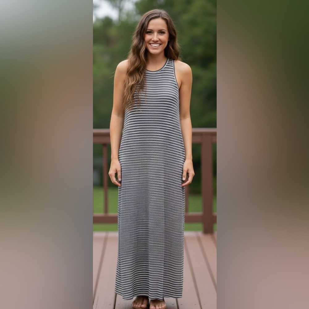 Color Thread thin great/white horizontal stripes maxi dress, deep back cut, S